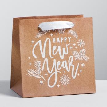 Пакет крафтовый квадратный «Новогодний подарок», 14 × 14 × 9 см   4275587