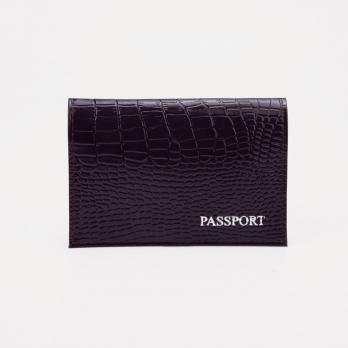 Обложка для паспорта 9,5*0,5*13,5 лат буквы, тисн фольга, крокодил  баклажан 2735608