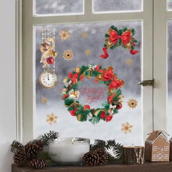 Виниловые наклейки на окна «Новогодний венок», многоразовые, 70 × 25 см   9519166